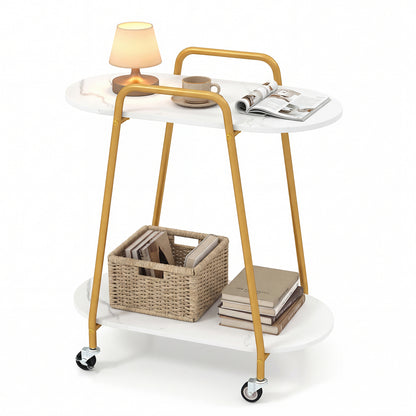 2-Tier Rolling End Table with Faux Marble Surfaces Modern Mobile Side Table-White