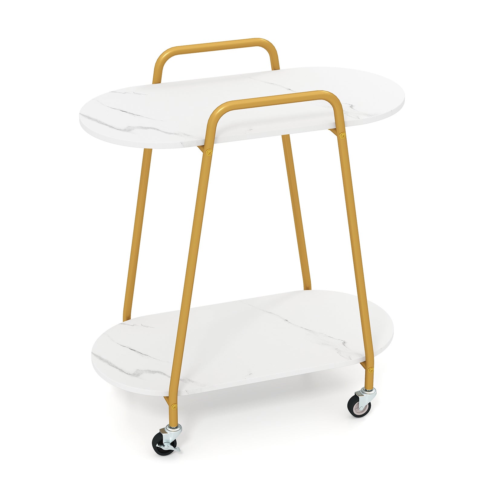 2-Tier Rolling End Table with Faux Marble Surfaces Modern Mobile Side Table-White