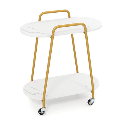 2-Tier Rolling End Table with Faux Marble Surfaces Modern Mobile Side Table-White