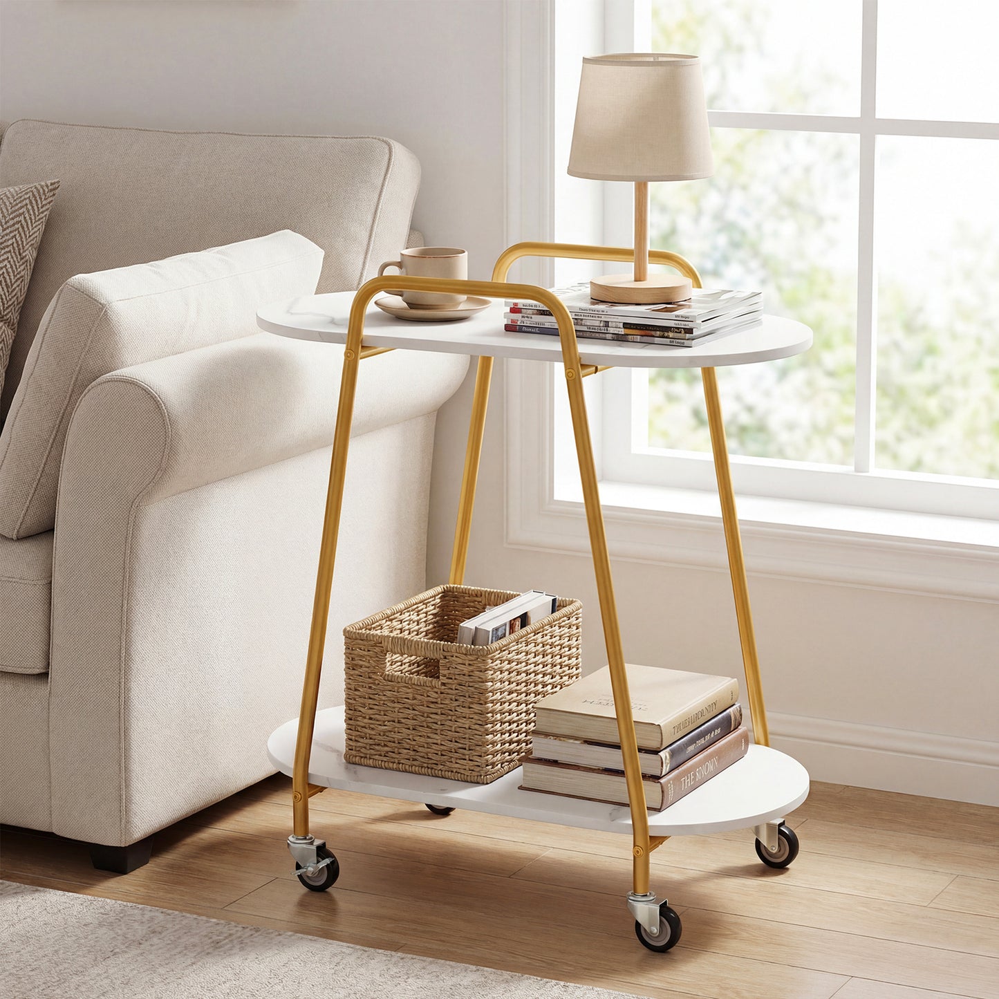 2-Tier Rolling End Table with Faux Marble Surfaces Modern Mobile Side Table-White