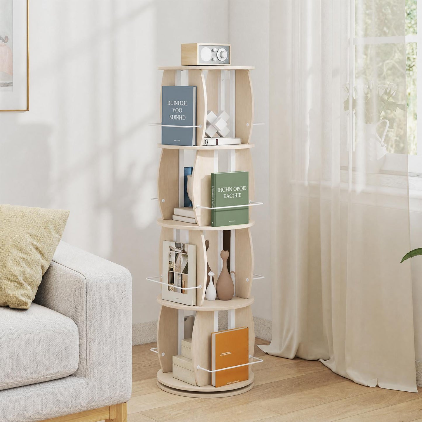 2-Tier Rotating Bookshelf Space-Saving with 4 Safety Guard Rails and Metal Storage Stand-Natural