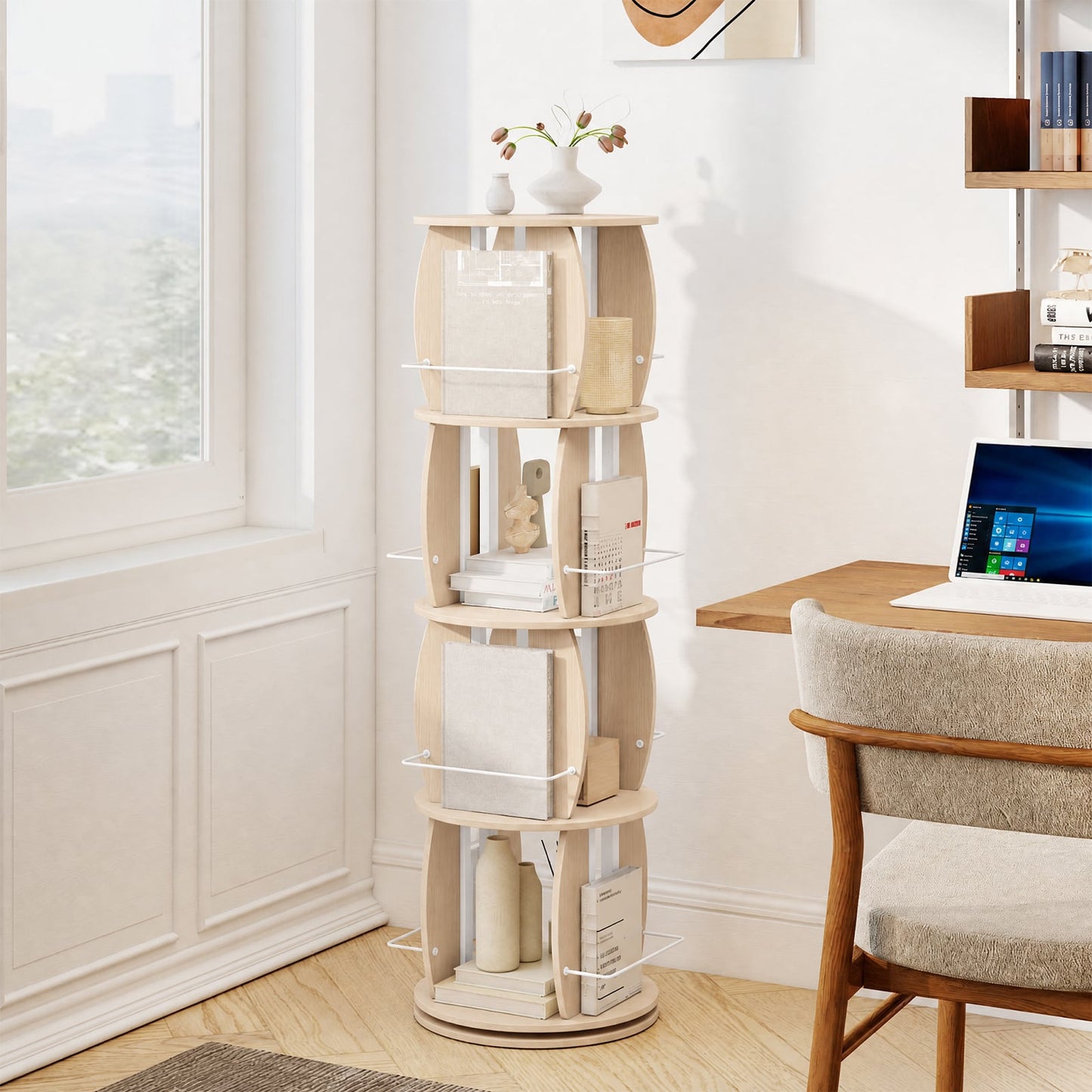 2-Tier Rotating Bookshelf Space-Saving with 4 Safety Guard Rails and Metal Storage Stand-Natural