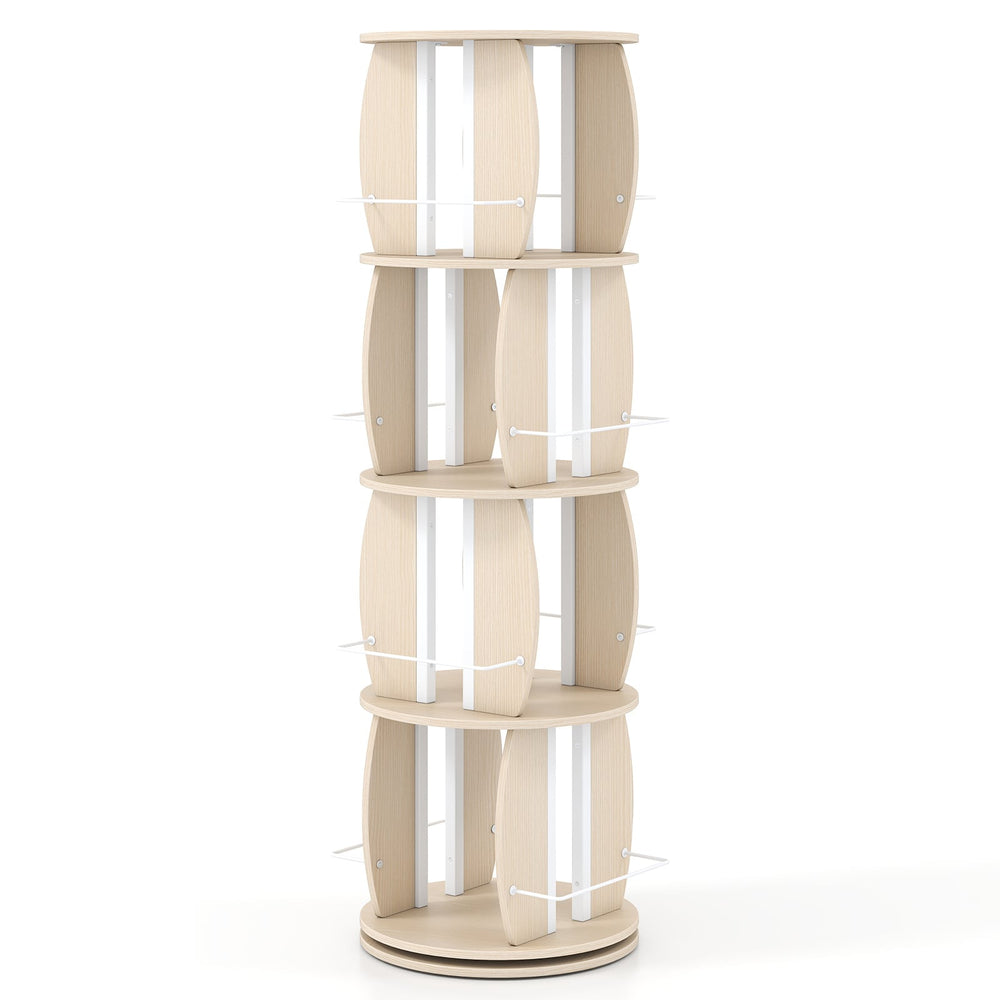 2-Tier Rotating Bookshelf Space-Saving with 4 Safety Guard Rails and Metal Storage Stand-Natural