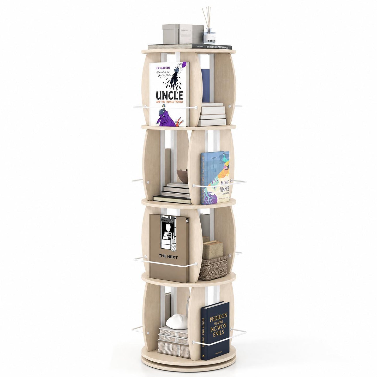 2-Tier Rotating Bookshelf Space-Saving with 4 Safety Guard Rails and Metal Storage Stand-Natural