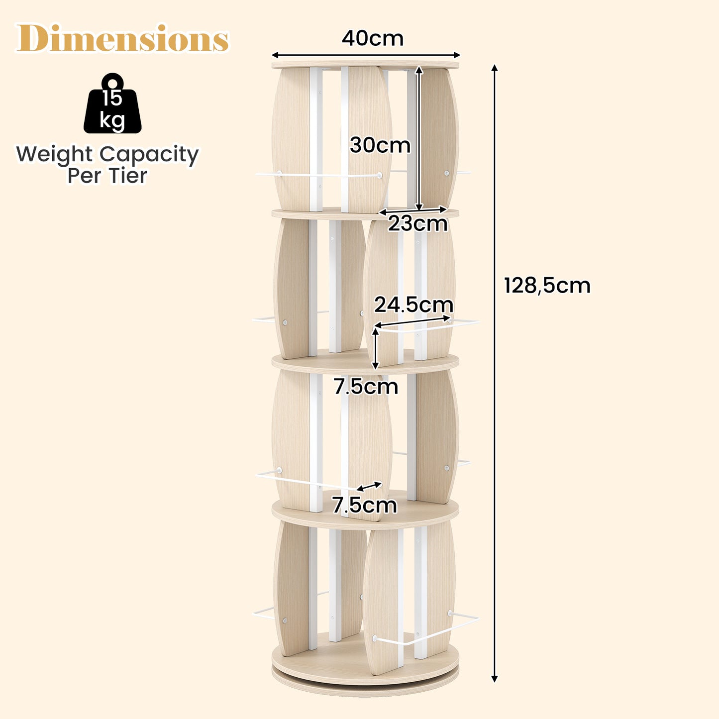 2-Tier Rotating Bookshelf Space-Saving with 4 Safety Guard Rails and Metal Storage Stand-Natural
