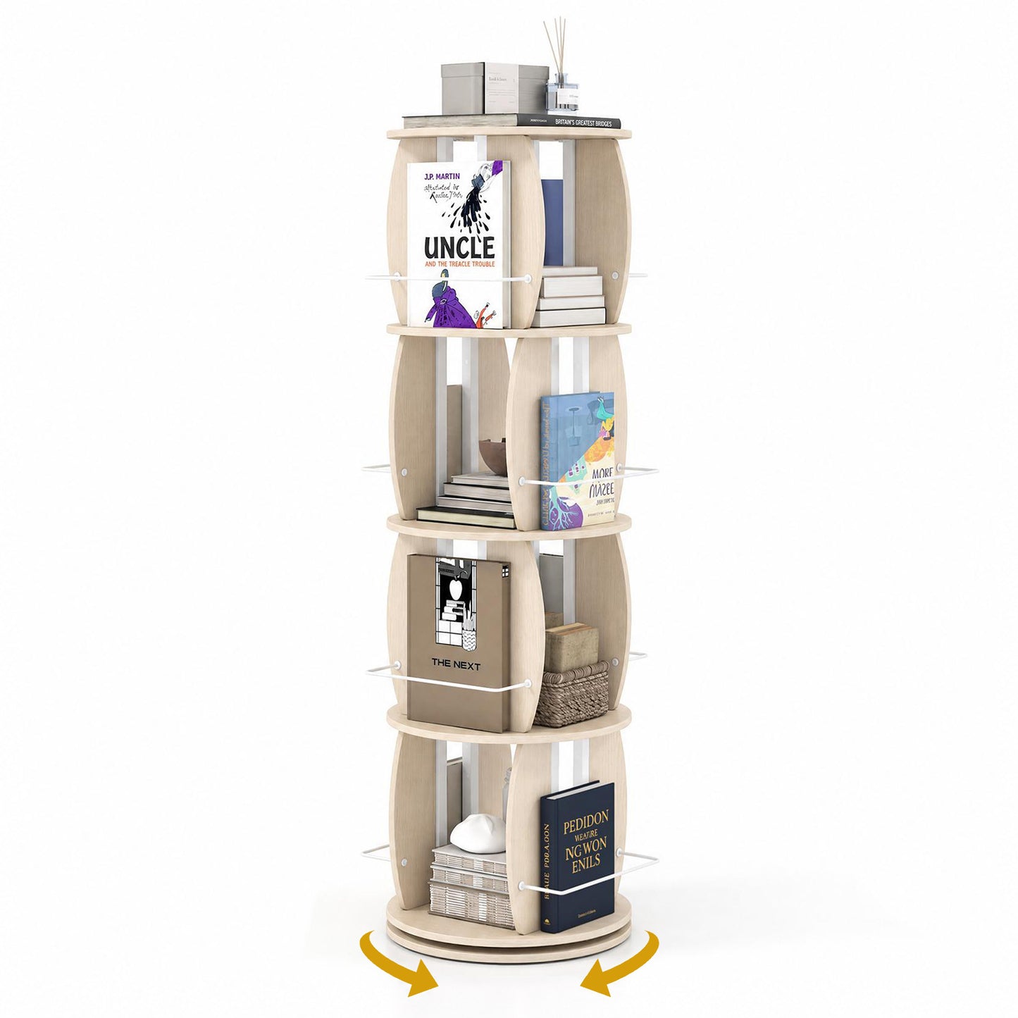 2-Tier Rotating Bookshelf Space-Saving with 4 Safety Guard Rails and Metal Storage Stand-Natural