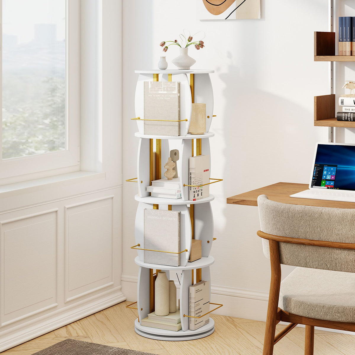 2-Tier Rotating Bookshelf Space-Saving with 4 Safety Guard Rails and Metal Storage Stand-White