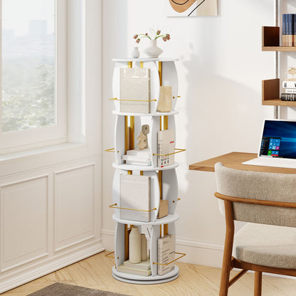 2-Tier Rotating Bookshelf Space-Saving with 4 Safety Guard Rails and Metal Storage Stand-White