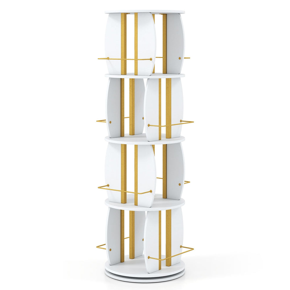 2-Tier Rotating Bookshelf Space-Saving with 4 Safety Guard Rails and Metal Storage Stand-White