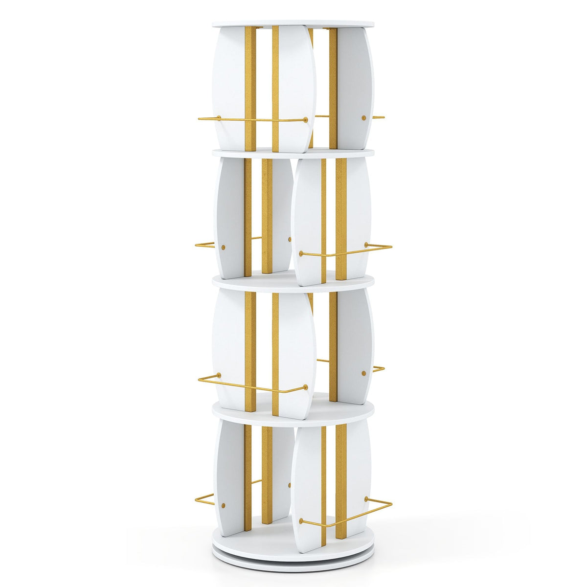 2-Tier Rotating Bookshelf Space-Saving with 4 Safety Guard Rails and Metal Storage Stand-White