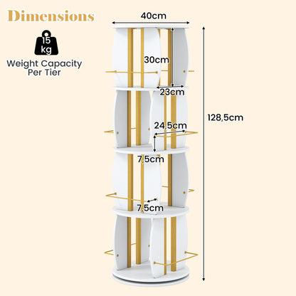 2-Tier Rotating Bookshelf Space-Saving with 4 Safety Guard Rails and Metal Storage Stand-White