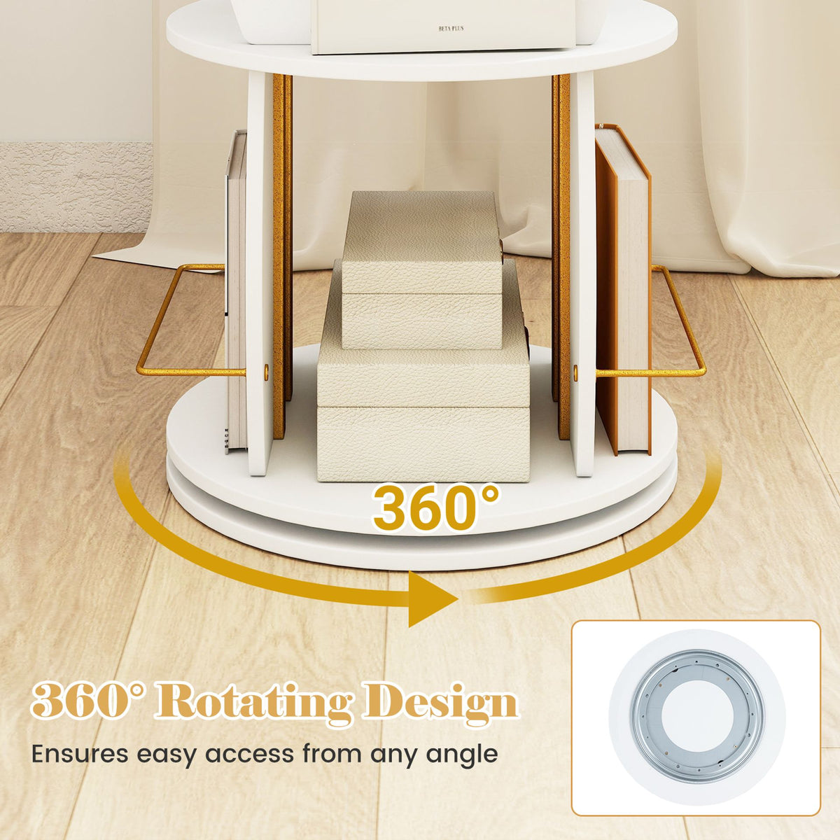 2-Tier Rotating Bookshelf Space-Saving with 4 Safety Guard Rails and Metal Storage Stand-White