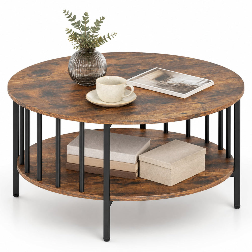 2-Tier Round Coffee Table with Open Shelf & Metal Frame for Living Room Small Spaces-Rustic Brown