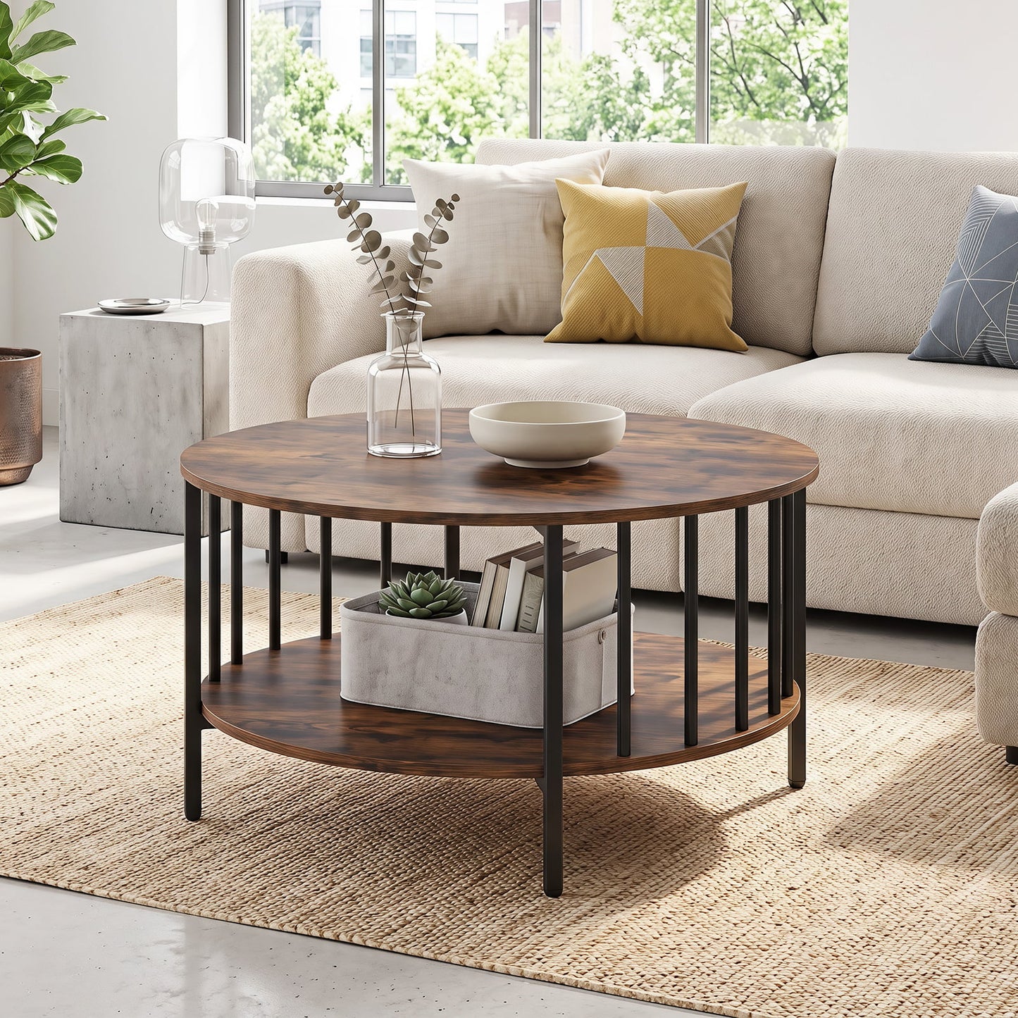 2-Tier Round Coffee Table with Open Shelf & Metal Frame for Living Room Small Spaces-Rustic Brown