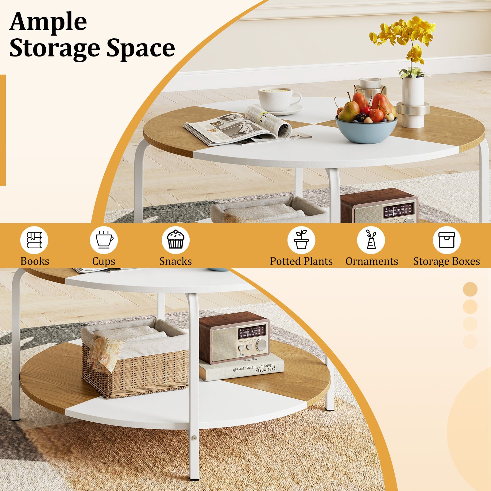 2-Tier Round Coffee Table with Open Storage Shelf-White