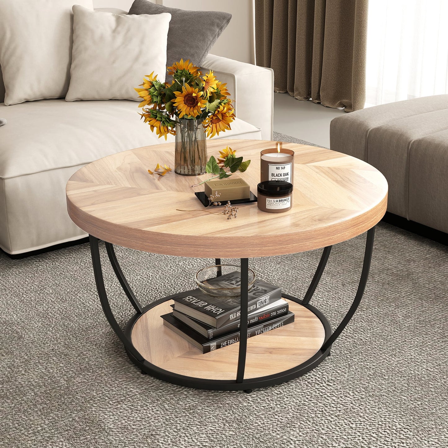 2-Tier Round Coffee Table with Storage Metal Frame Tea Cocktail Table-Natural Colour