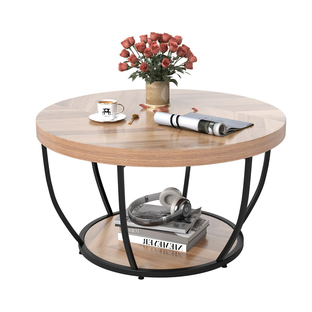 2-Tier Round Coffee Table with Storage Metal Frame Tea Cocktail Table-Natural Colour