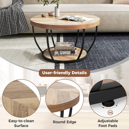 2-Tier Round Coffee Table with Storage Metal Frame Tea Cocktail Table-Natural Colour
