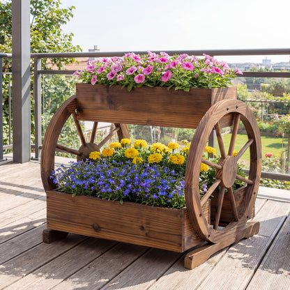 2-Tier Rustic Wood Wagon Planter with 3 Growing Boxes and Drainage Holes-Coffee