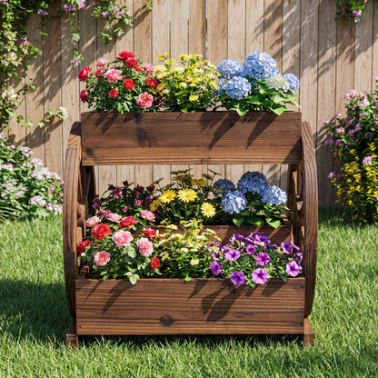 2-Tier Rustic Wood Wagon Planter with 3 Growing Boxes and Drainage Holes-Coffee