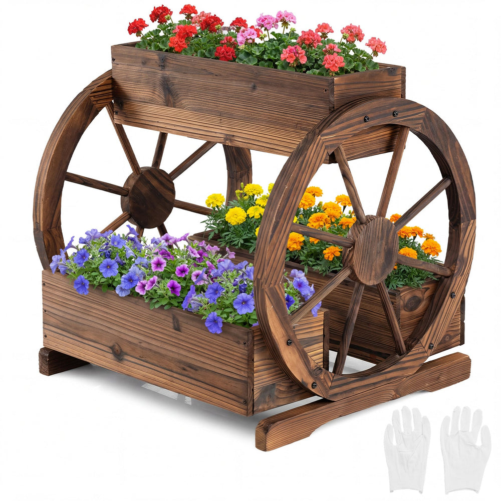 2-Tier Rustic Wood Wagon Planter with 3 Growing Boxes and Drainage Holes-Coffee