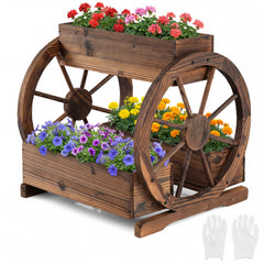 2-Tier Rustic Wood Wagon Planter with 3 Growing Boxes and Drainage Holes-Coffee