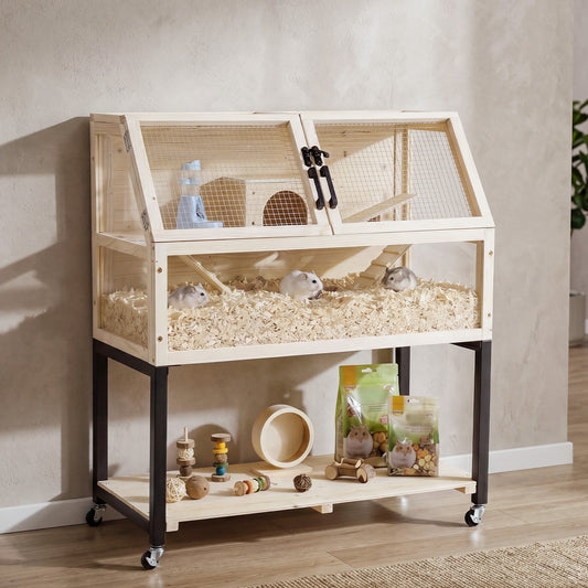 2-Tier Small Animal Habitat with Acrylic Windows Lockable Casters and Storage Shelf-Natrual