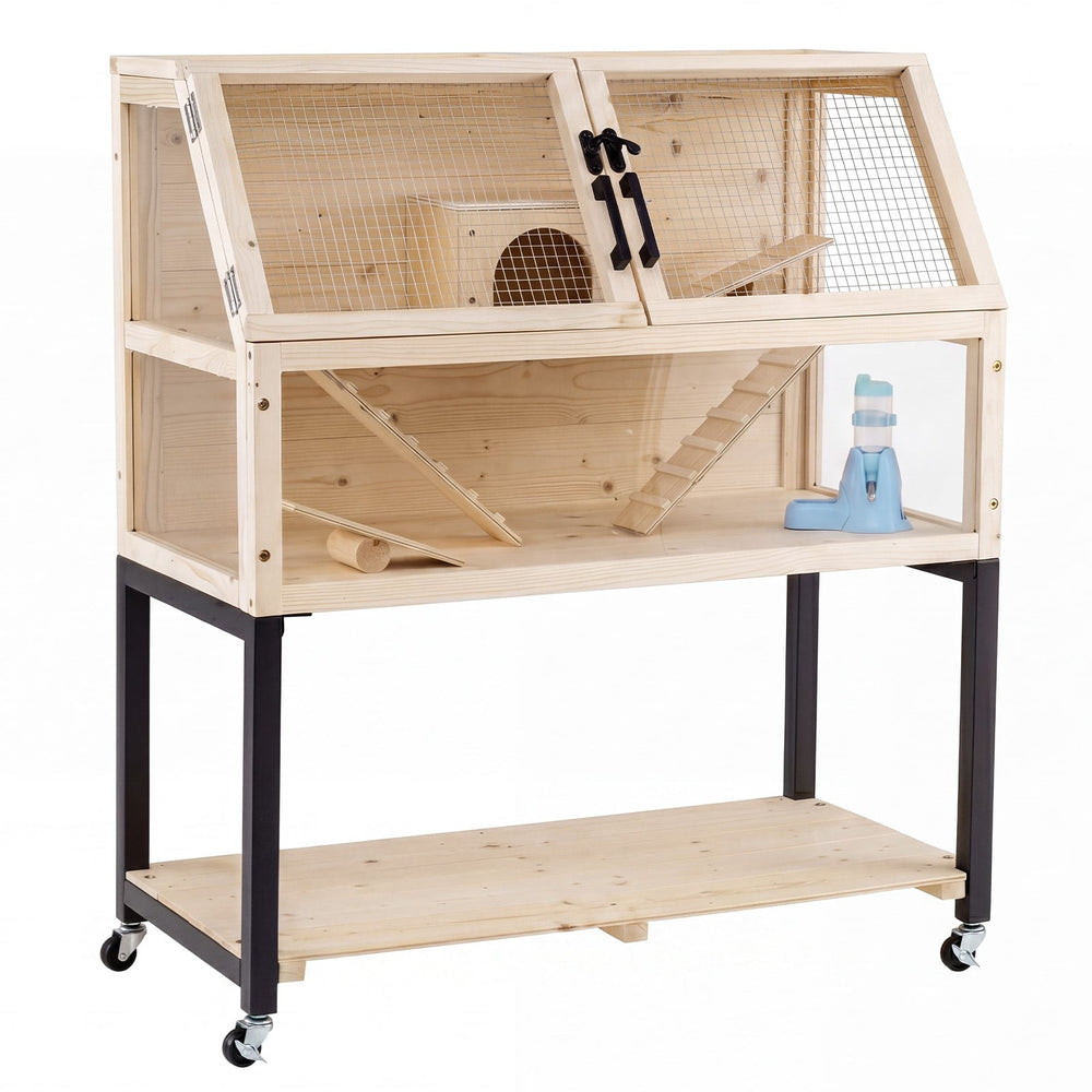 2-Tier Small Animal Habitat with Acrylic Windows Lockable Casters and Storage Shelf-Natrual