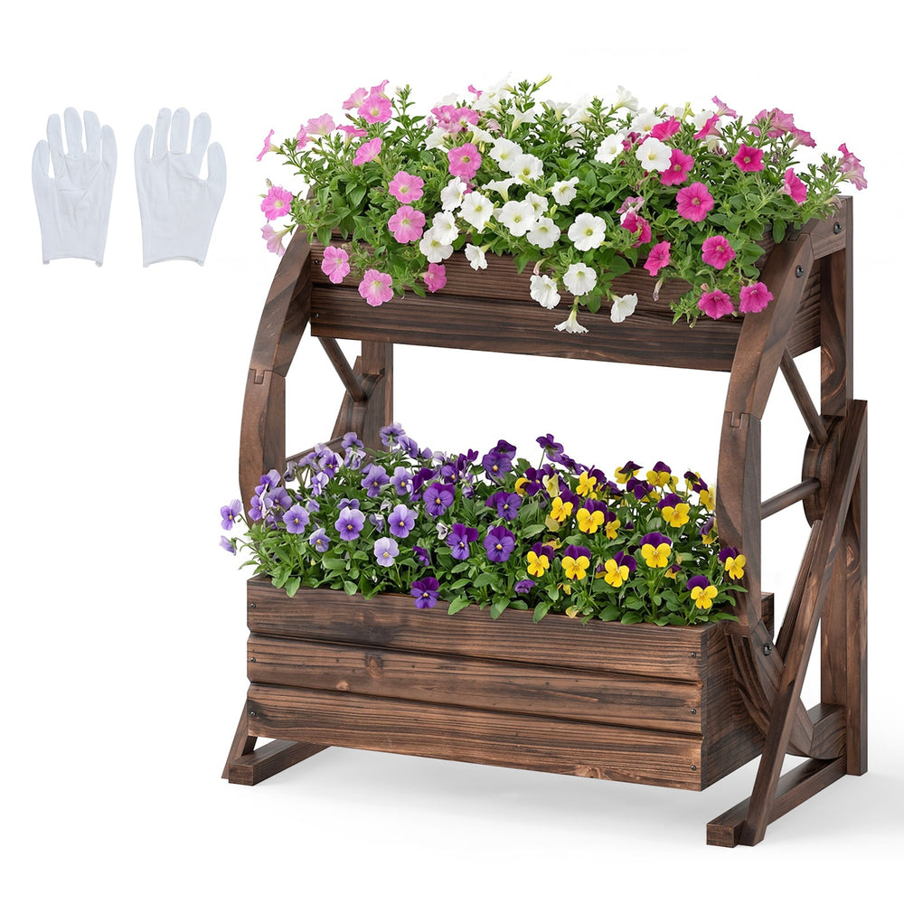 2-Tier Wood Wagon Planter Box with Drainage Holes for Flowers-Coffee