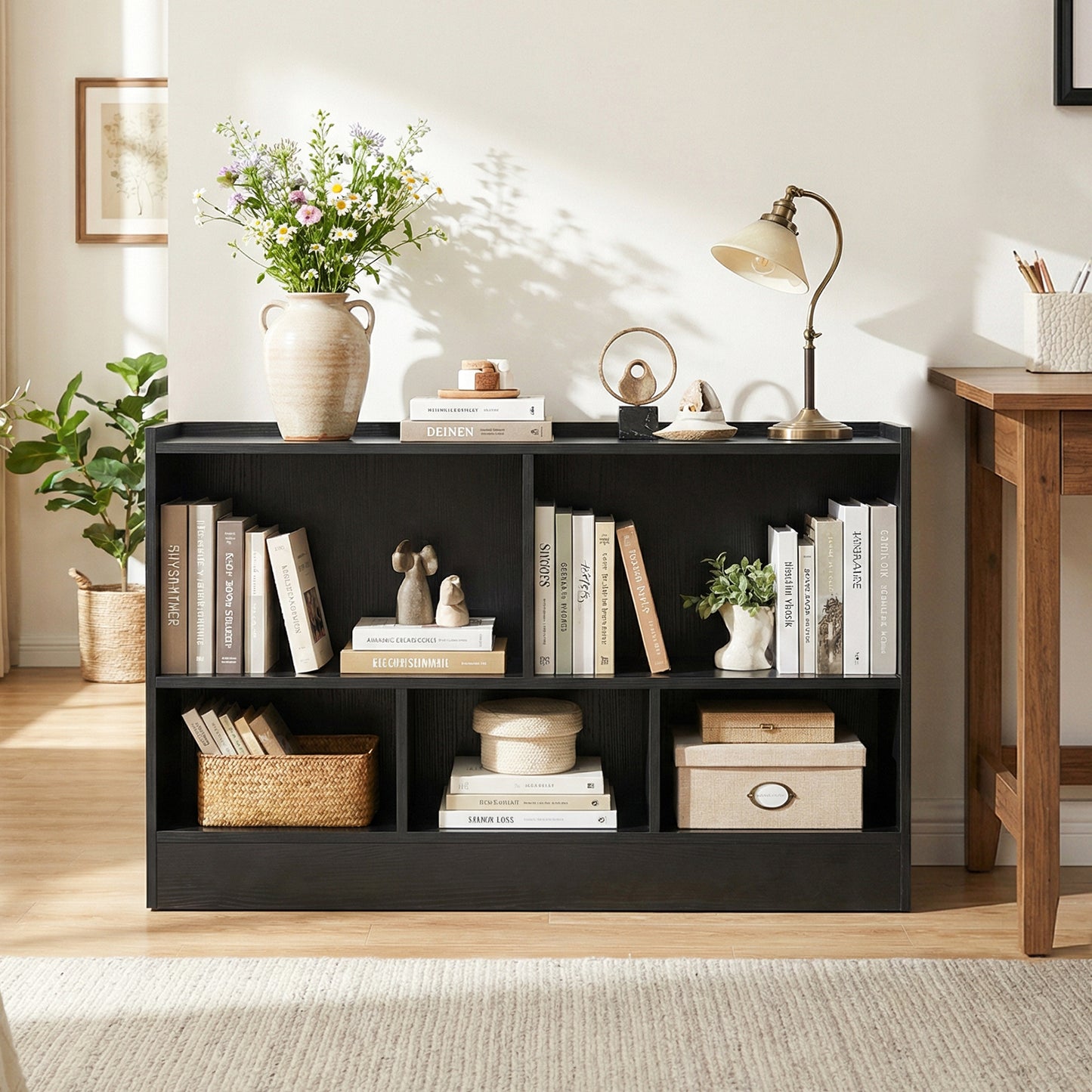 2-Tier Wooden Kids Bookcase with 5 Compartments for Playroom Study-Black