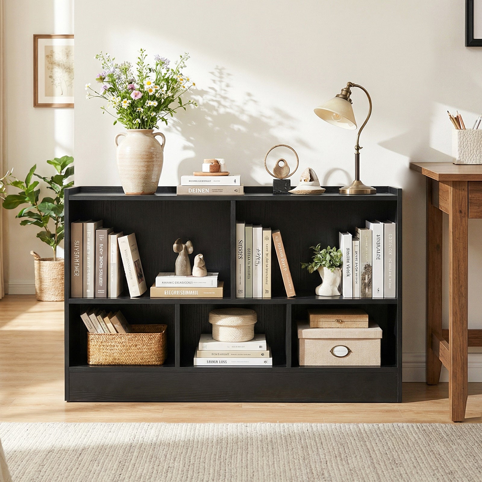 2-Tier Wooden Kids Bookcase with 5 Compartments for Playroom Study-Black