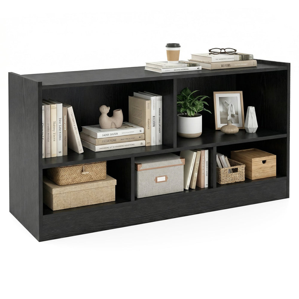 2-Tier Wooden Kids Bookcase with 5 Compartments for Playroom Study-Black