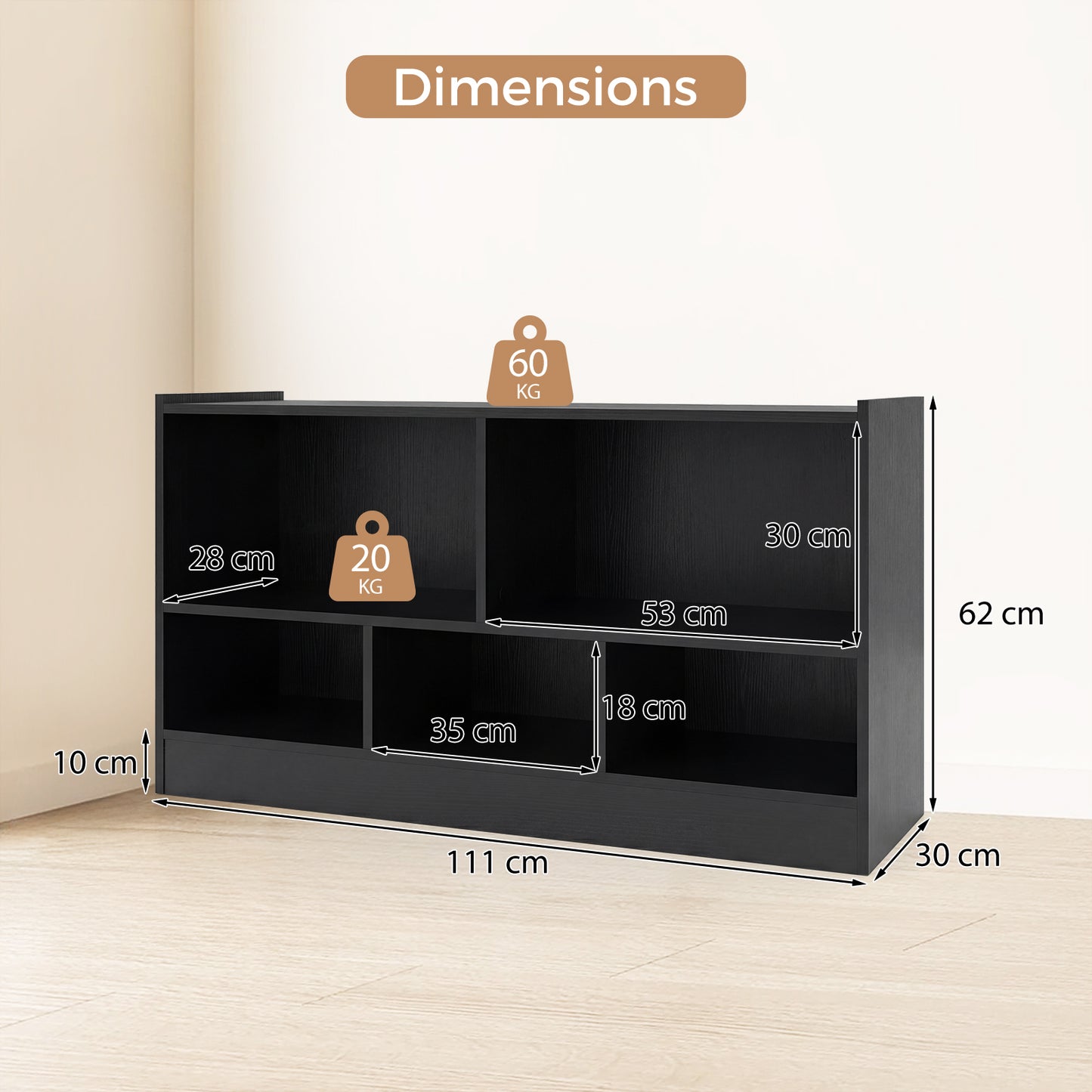 2-Tier Wooden Kids Bookcase with 5 Compartments for Playroom Study-Black