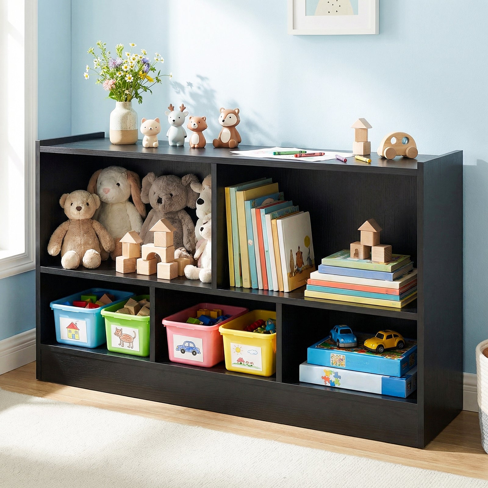 2-Tier Wooden Kids Bookcase with 5 Compartments for Playroom Study-Black