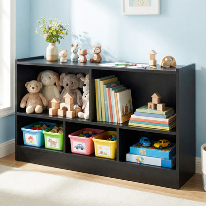 2-Tier Wooden Kids Bookcase with 5 Compartments for Playroom Study-Black