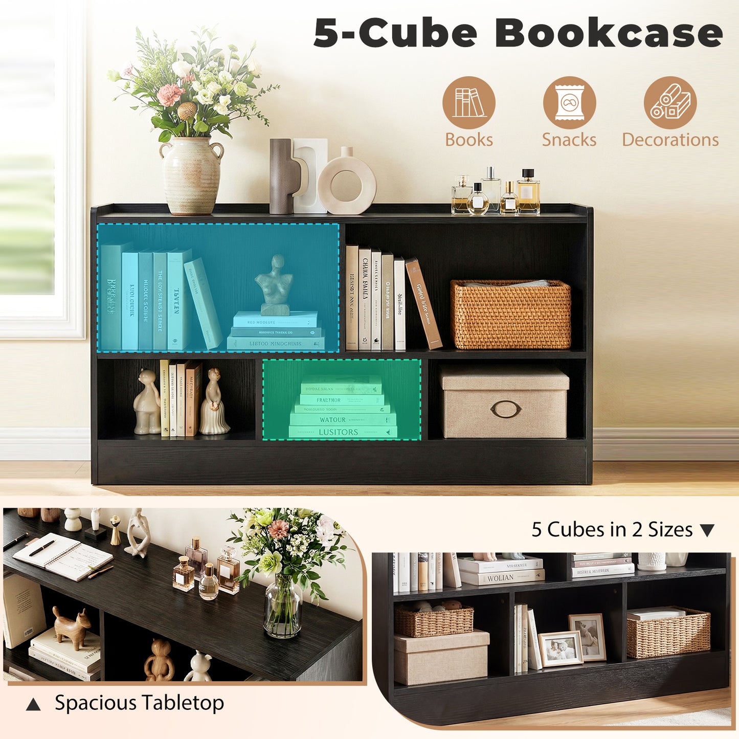 2-Tier Wooden Kids Bookcase with 5 Compartments for Playroom Study-Black