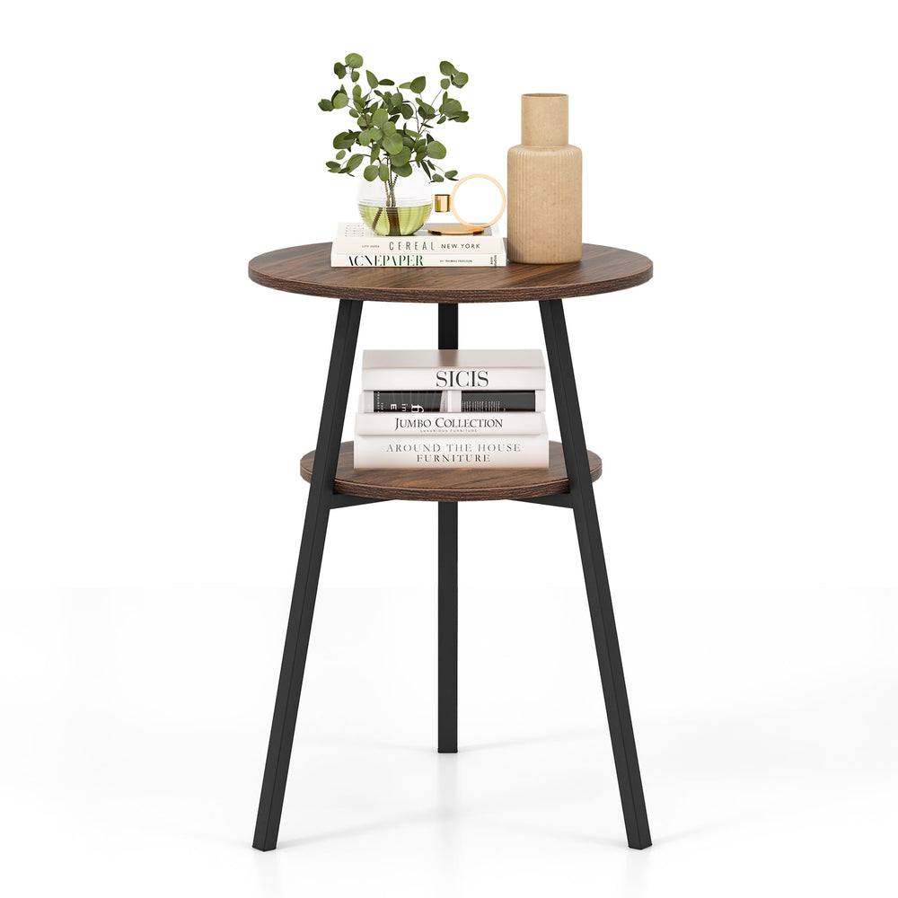 2-Tier Wooden Round Side Table with Storage Shelf-Brown