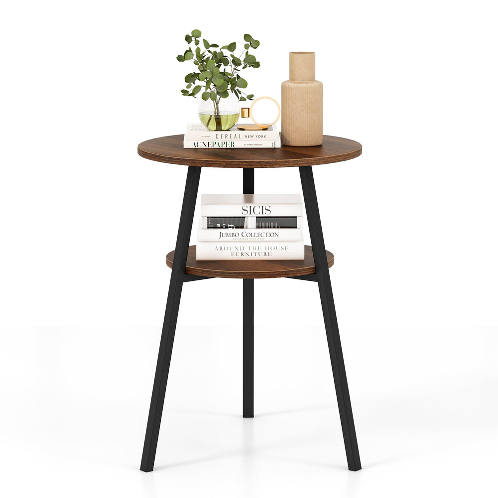 2-Tier Wooden Round Side Table with Storage Shelf-Walnut