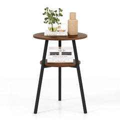 2-Tier Wooden Round Side Table with Storage Shelf-Walnut