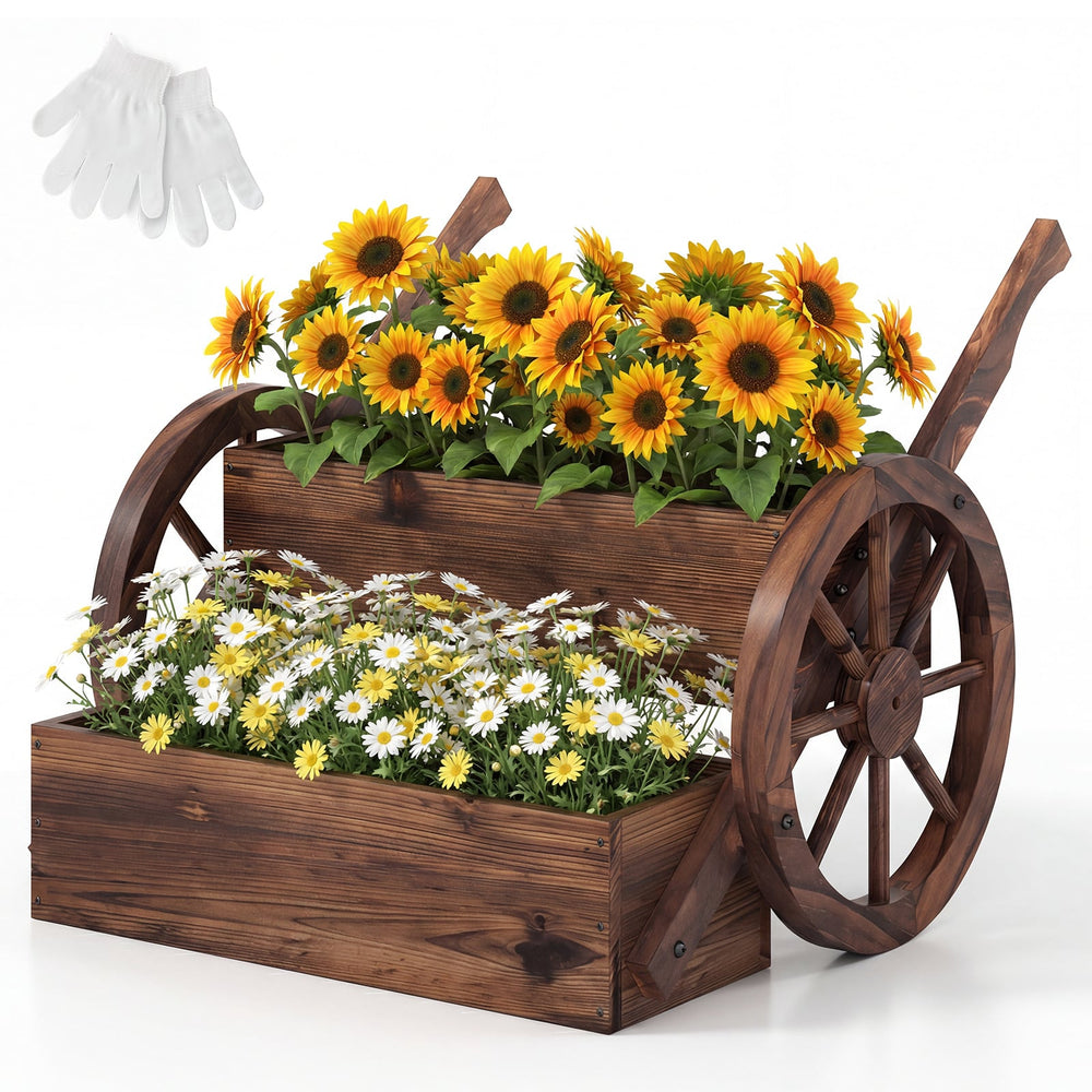 2-Tier Wooden Wagon Planter Box Decorative Raised Garden Bed with Wheels-Coffee