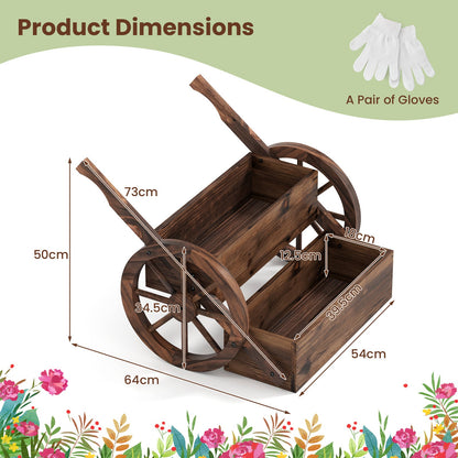 2-Tier Wooden Wagon Planter Box Decorative Raised Garden Bed with Wheels-Coffee