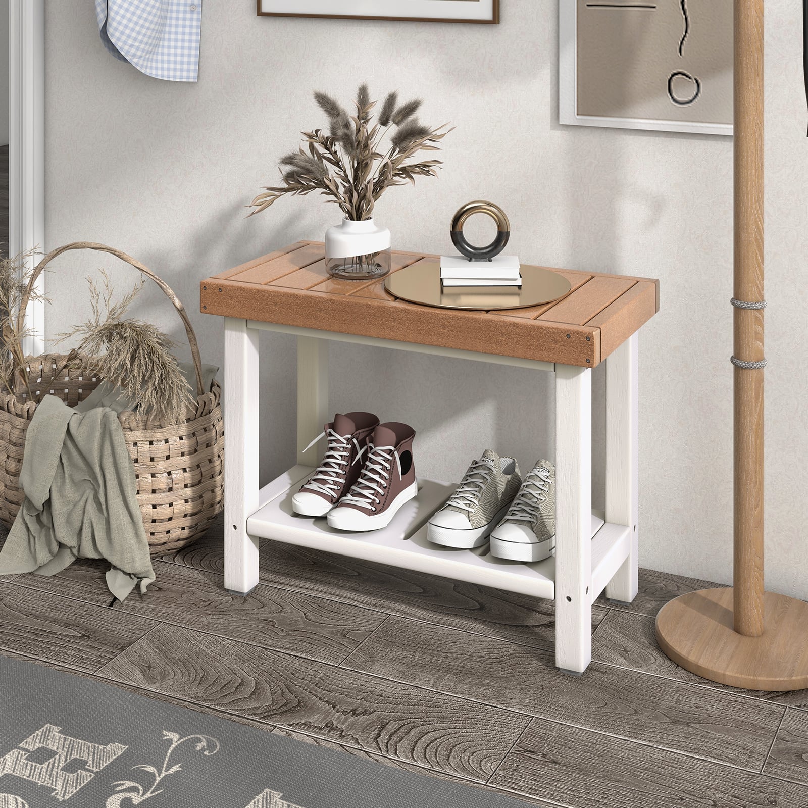 2-Tier Waterproof HDPE Bathroom Shower Stool with Storage Shelf-Brown