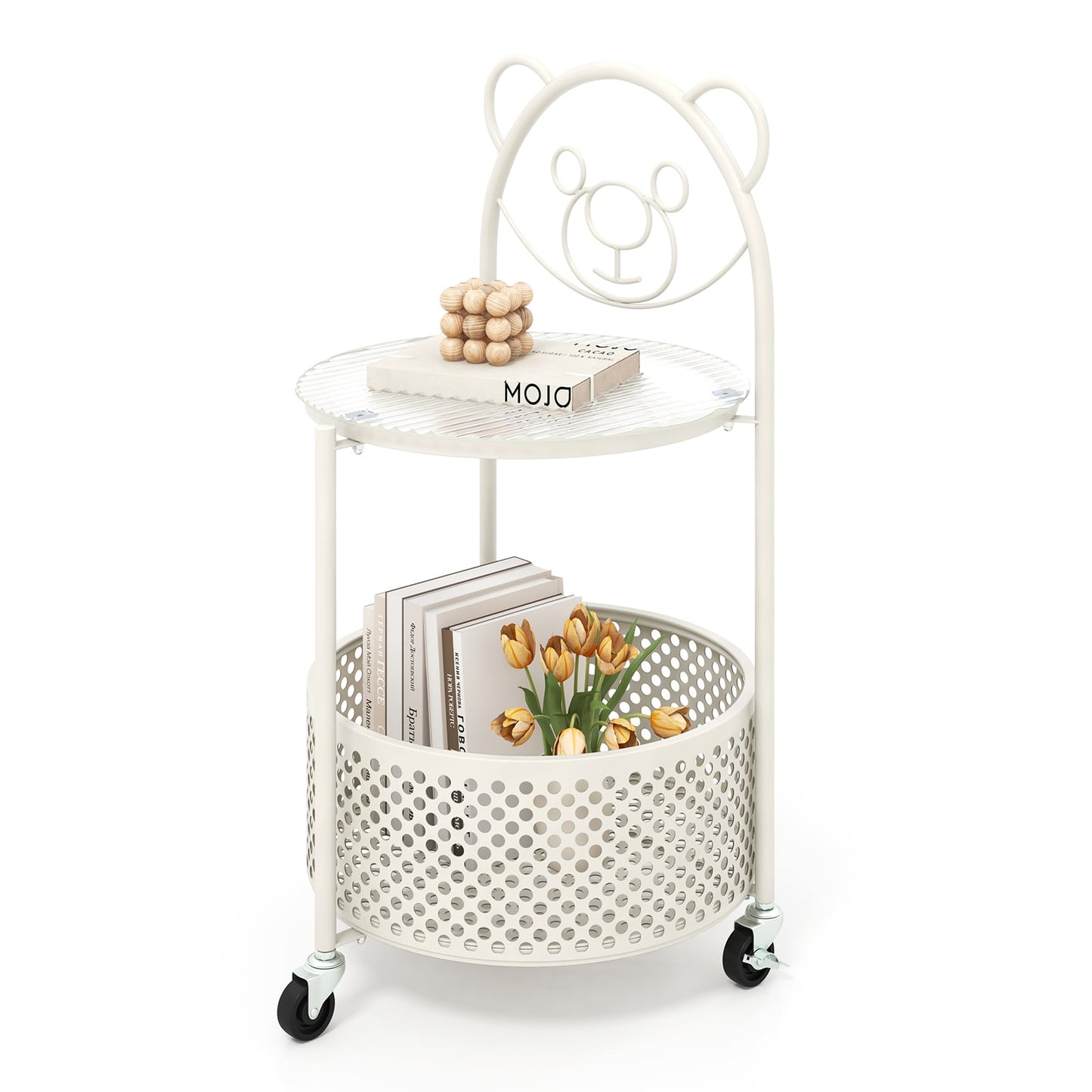 2-Tier Mobile Glass Coffee Table with Bear Pattern and Storage Basket-White
