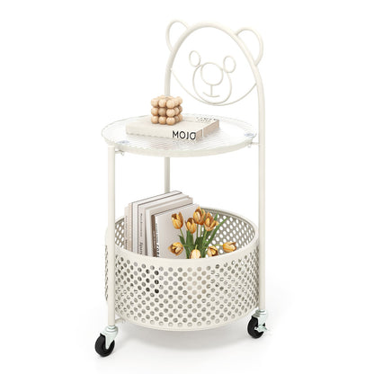 2-Tier Mobile Glass Coffee Table with Bear Pattern and Storage Basket-White