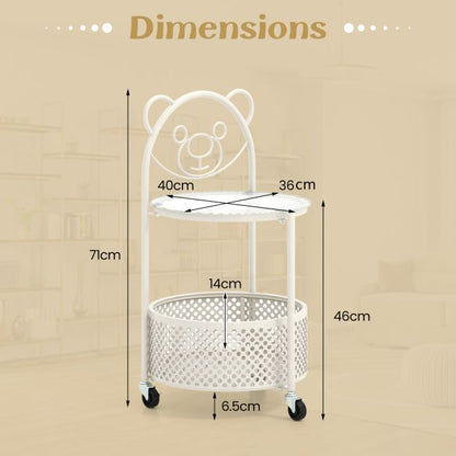 2-Tier Mobile Glass Coffee Table with Bear Pattern-White