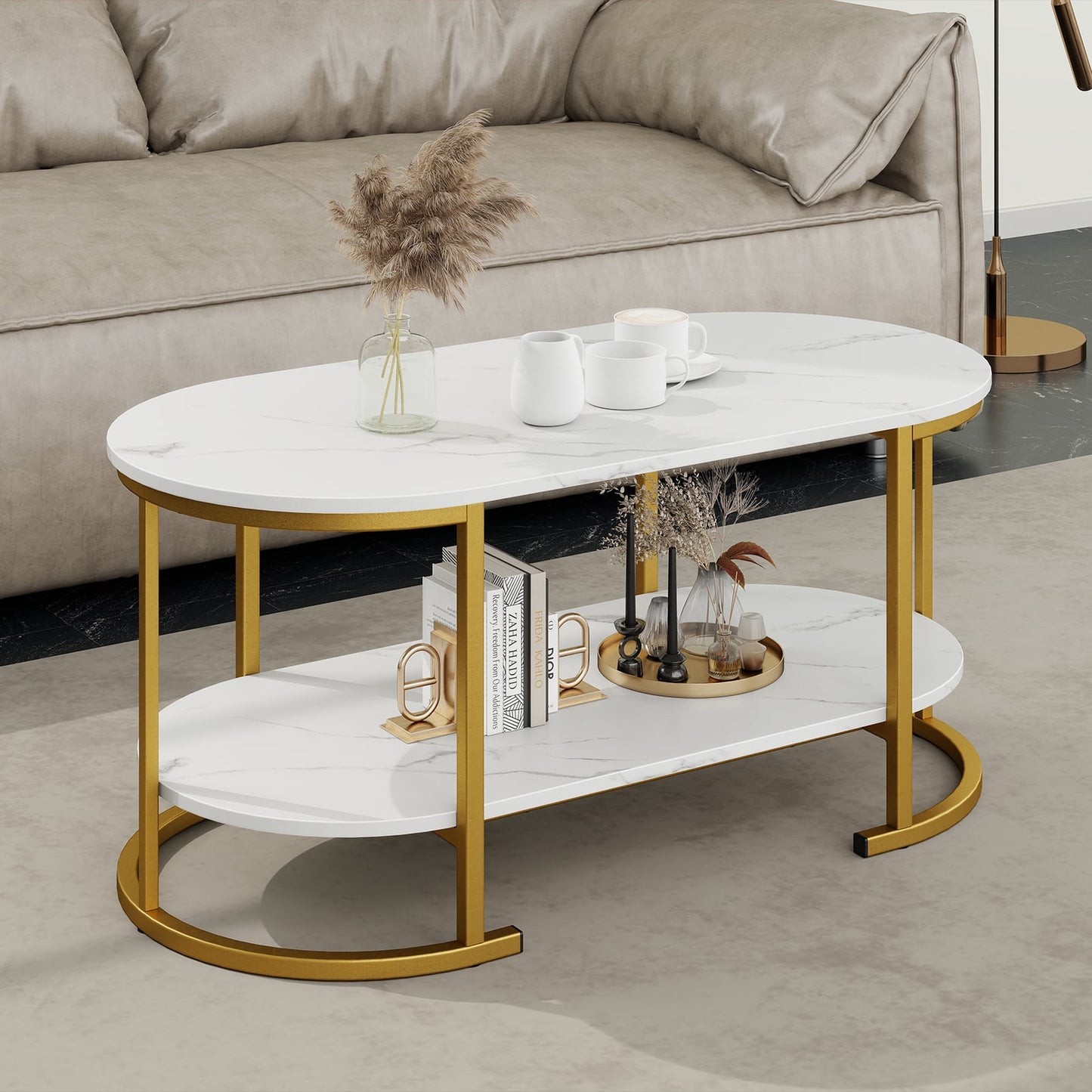2-Tier Oval Coffee Table with Storage and Faux Marble Top-White