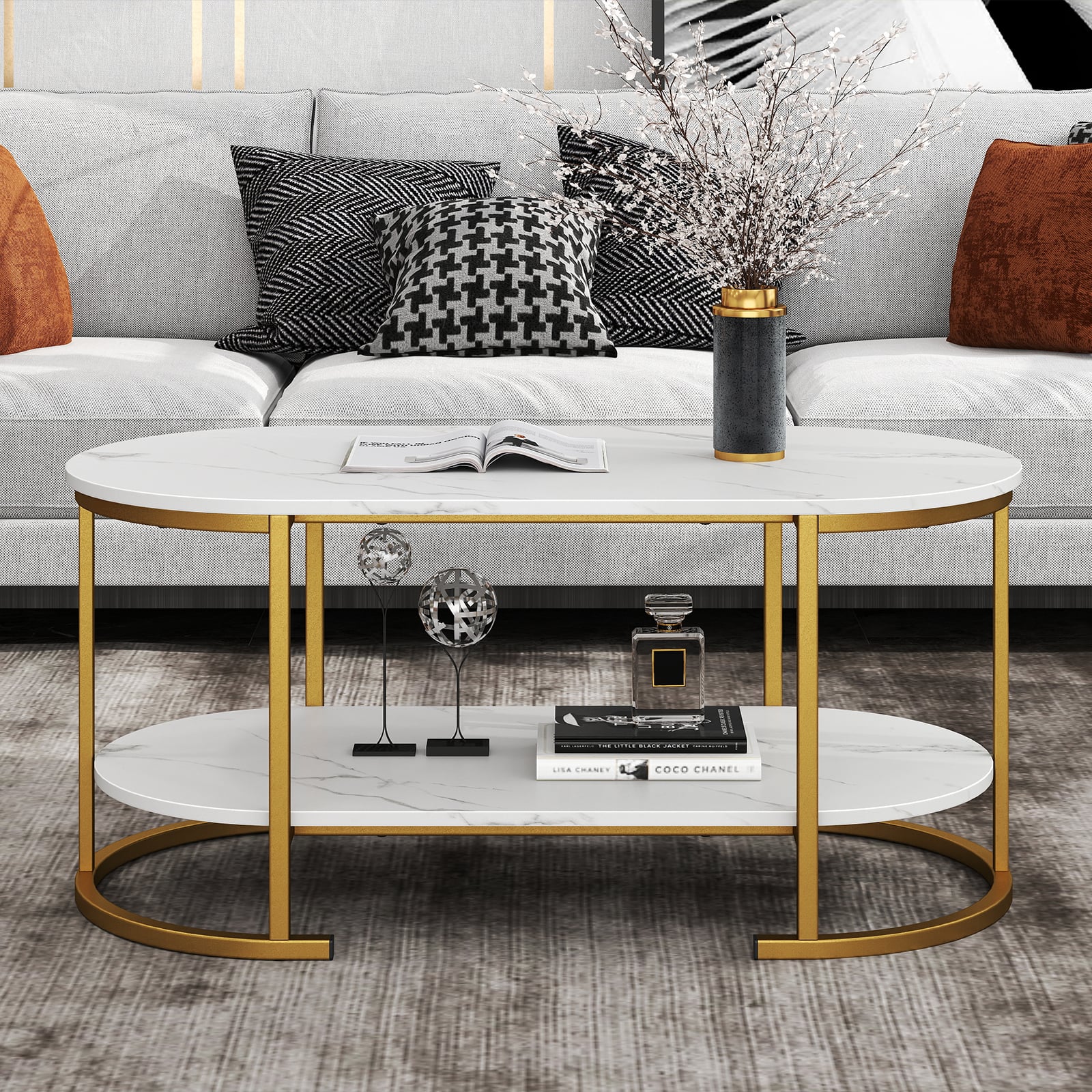 2-Tier Oval Coffee Table with Storage and Faux Marble Top-White