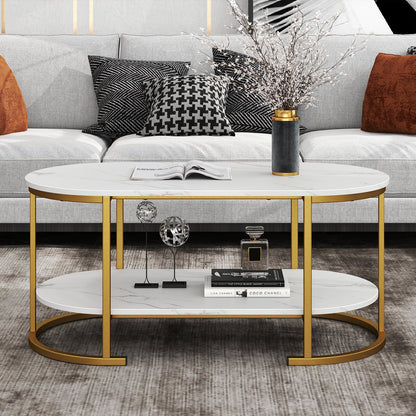 2-Tier Oval Coffee Table with Storage and Faux Marble Top-White
