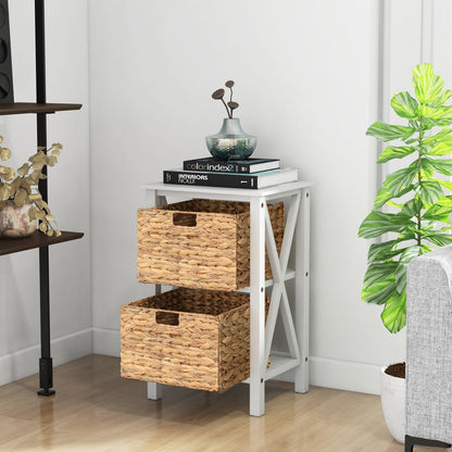 Sofa Side Table with Seagrass Baskets and Rubber Wood X-Shaped Frames and Acacia Wood Legs-White-2-Tier