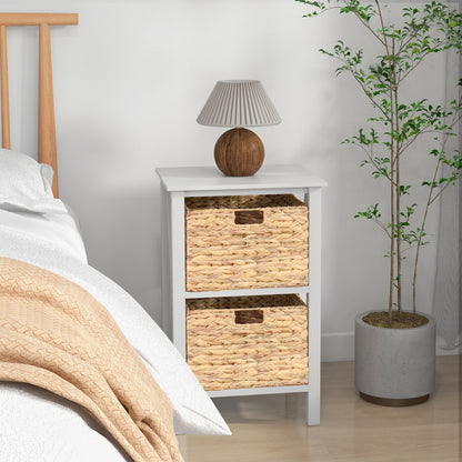 Sofa Side Table with Seagrass Baskets and Rubber Wood X-Shaped Frames and Acacia Wood Legs-White-2-Tier